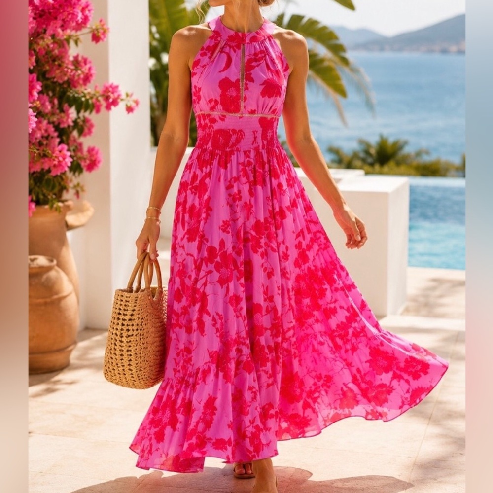 Abel The Label Pink High Neck Floral Dress
